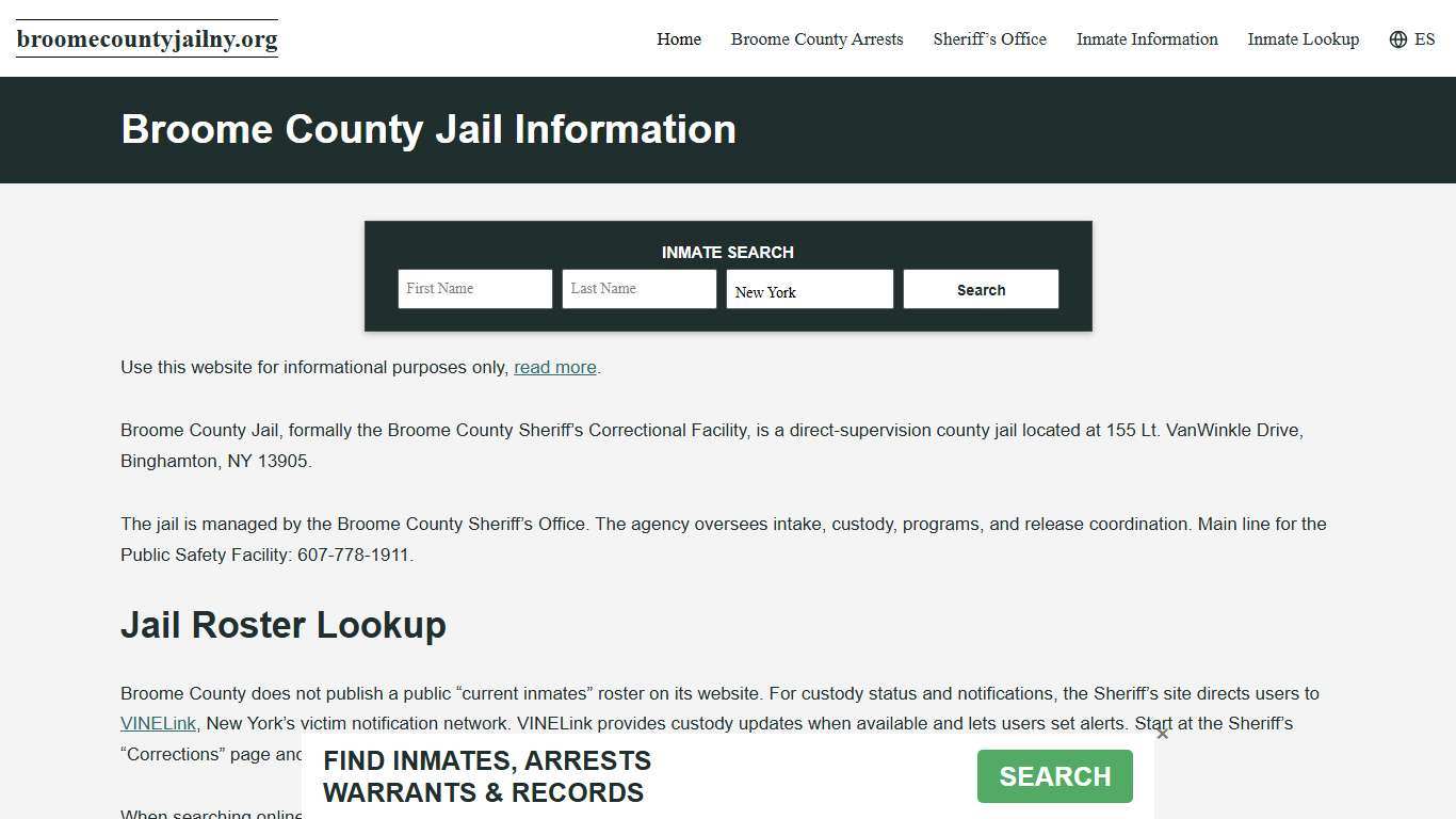 Broome County, NY Jail Roster, Inmate Info