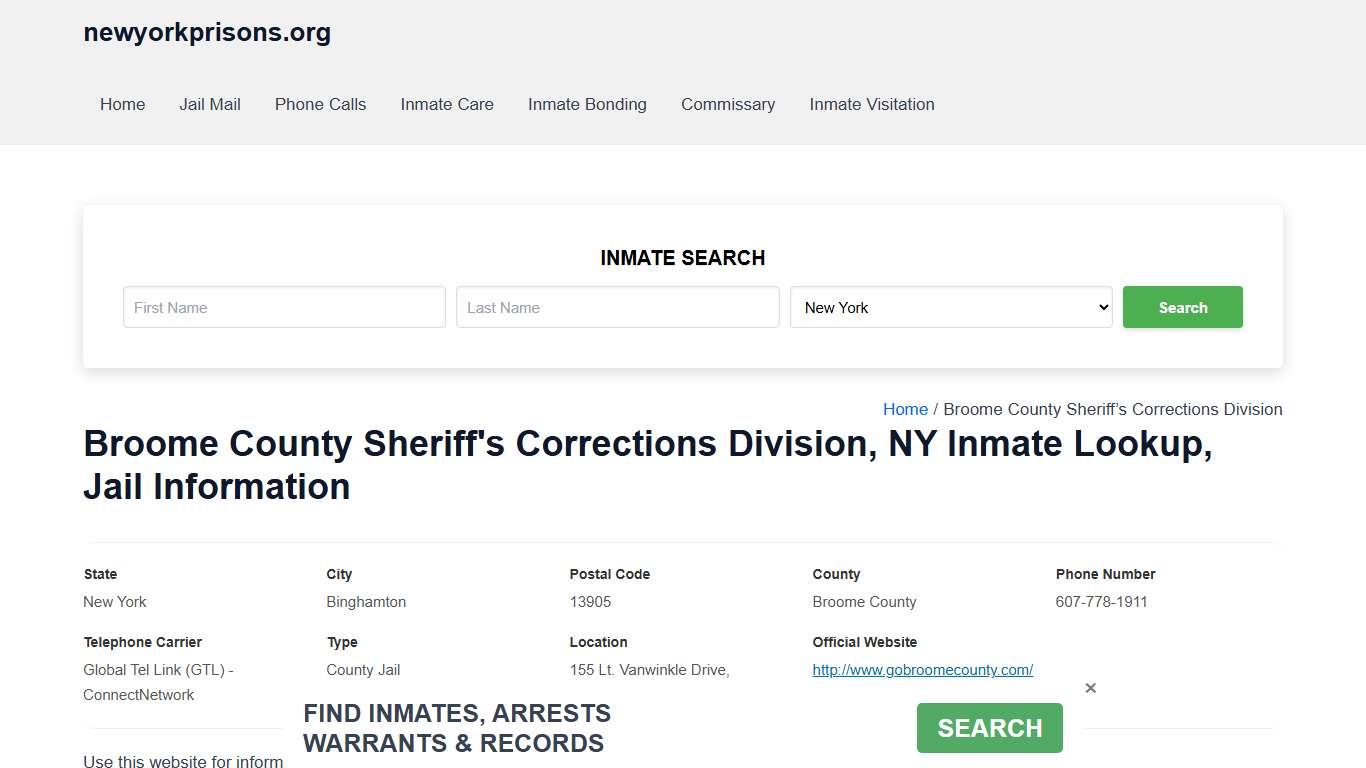 Broome County Sheriff's Corrections Division, NY - Offender Locator, Contacts, Inmate Info